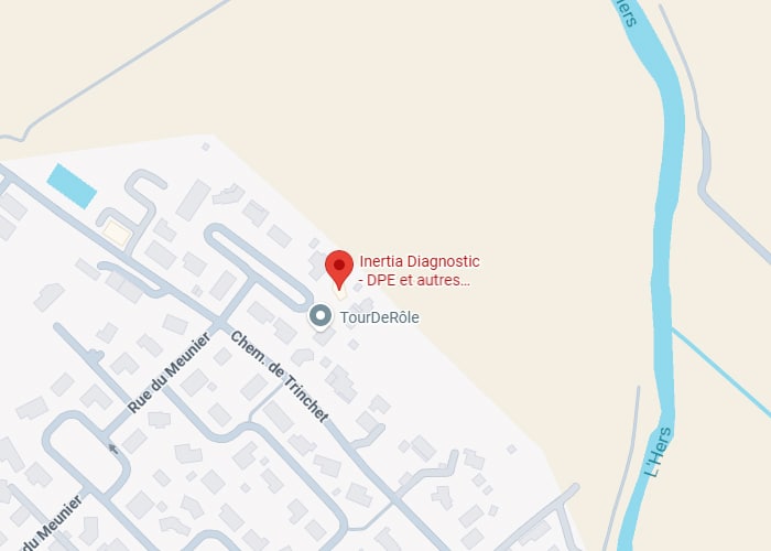 Localisation Inertia Diagnostic DPE : Carte détaillée. Localisation d'Inertia Diagnostic (DPE et autres...) et TourDeRôle sur une carte. Proximité de la Rue du Meunier, Chem. de Trinchet et L'Hers.