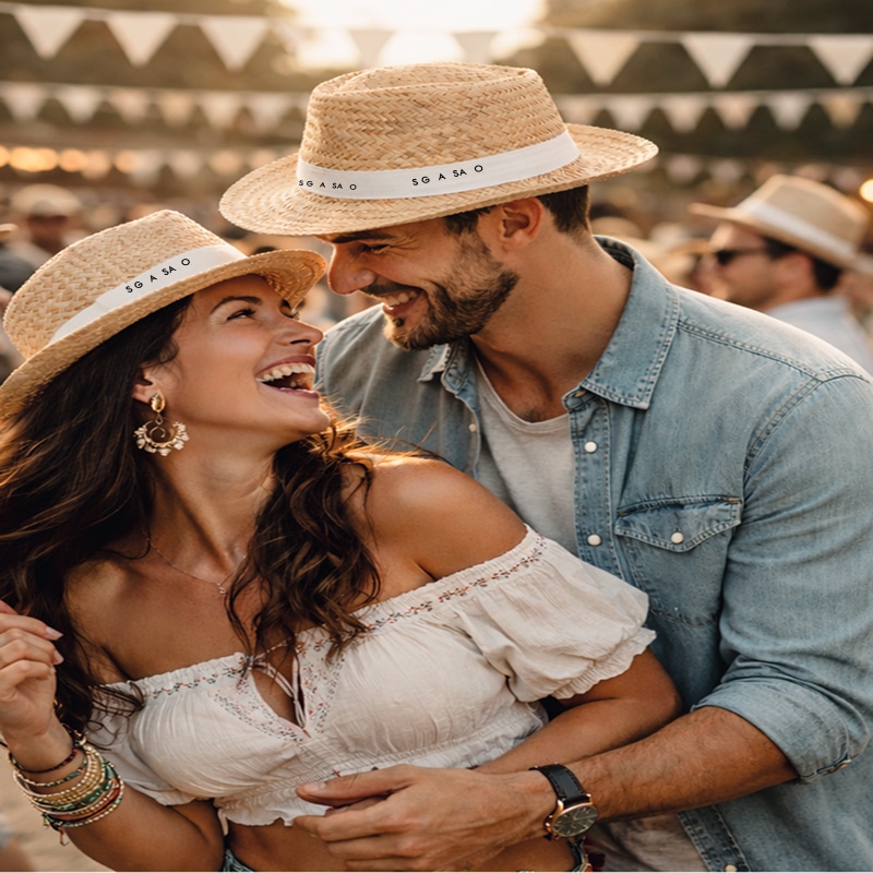 Joyeux couple enlacé sous le soleil, riant, aux chapeaux de paille assortis affichant "S G A S A O". Ambiance festival décontractée.