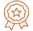 Prix et Certification : Étoile Rosette, Symbole de Qualité. Rosette pixelisée orange de qualité, avec étoile au centre et rubans. Symbole de prix, succès et certification professionnelle.