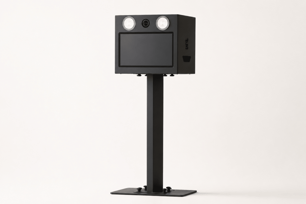 Borne Photo Booth Noire Design pour Événements Borne photo booth noire avec écran tactile, flashs circulaires et caméra, installée sur un pied sur fond blanc.
