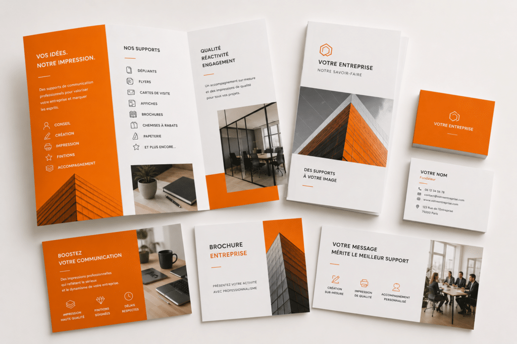Impression supports communication : brochures et cartes visite Supports de communication orange et blanc : brochures, cartes de visite et flyers. Vos idées, notre impression.