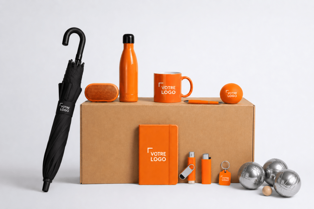 Sélection d'objets publicitaires personnalisables orange et noirs avec marquage VOTRE LOGO sur un coffret.